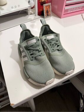adidas Kids Sage Green Athletic Sneakers with White Stripes